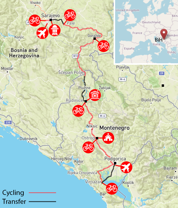 Itinerary map for cycling Balkans guided holiday tour