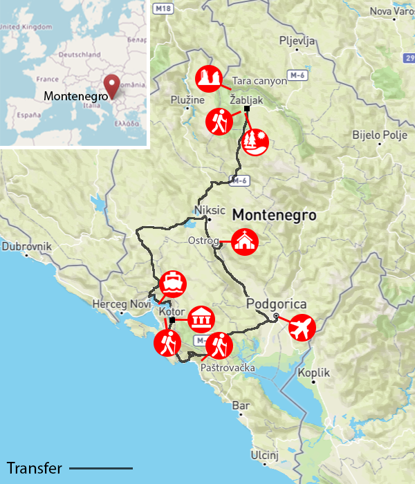 Montenegro walking guided holiday itinerary map