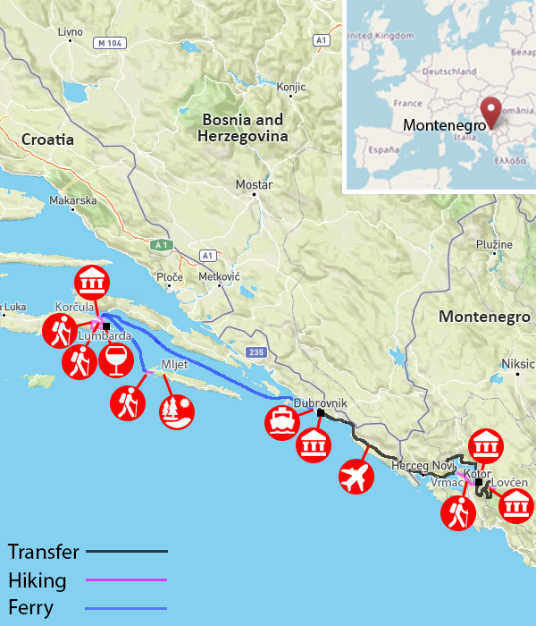 Montenegro and Croatia Self-Guided Walking Holiday itinerary map